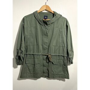 GAP military green jacket hooded utility pockets khaki adjustable waist women M